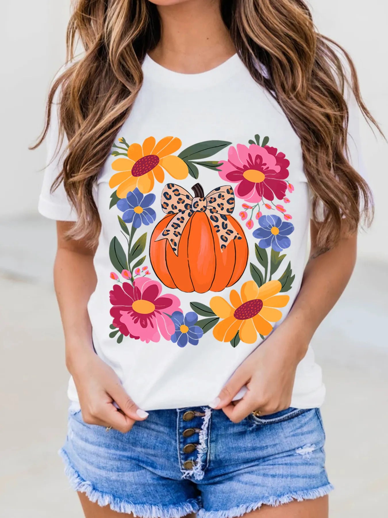 SYNZ Pumpkin Floral Graphic Round Neck T-Shirt