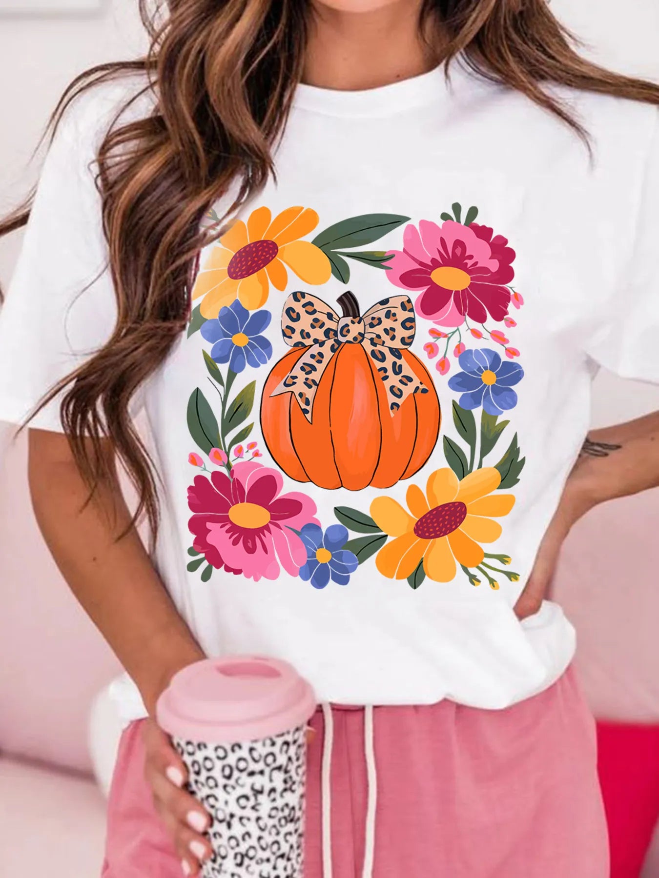SYNZ Pumpkin Floral Graphic Round Neck T-Shirt
