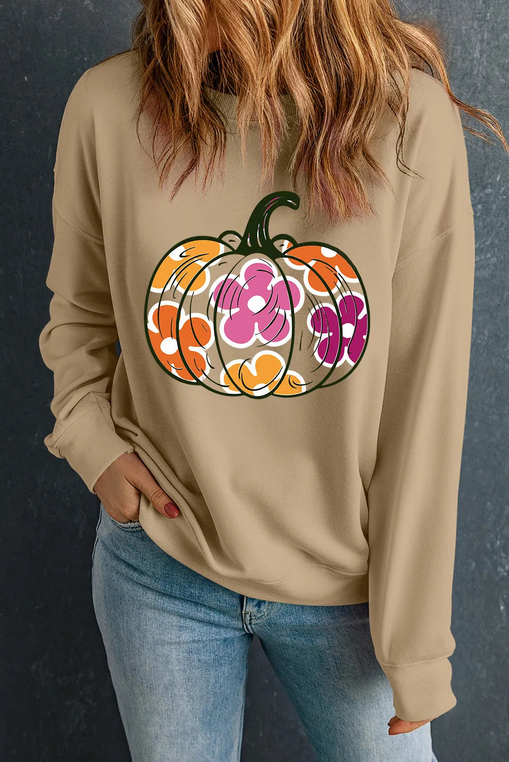 SYNZ Pumpkin & Flower Graphic Long Sleeve Sweatshirt