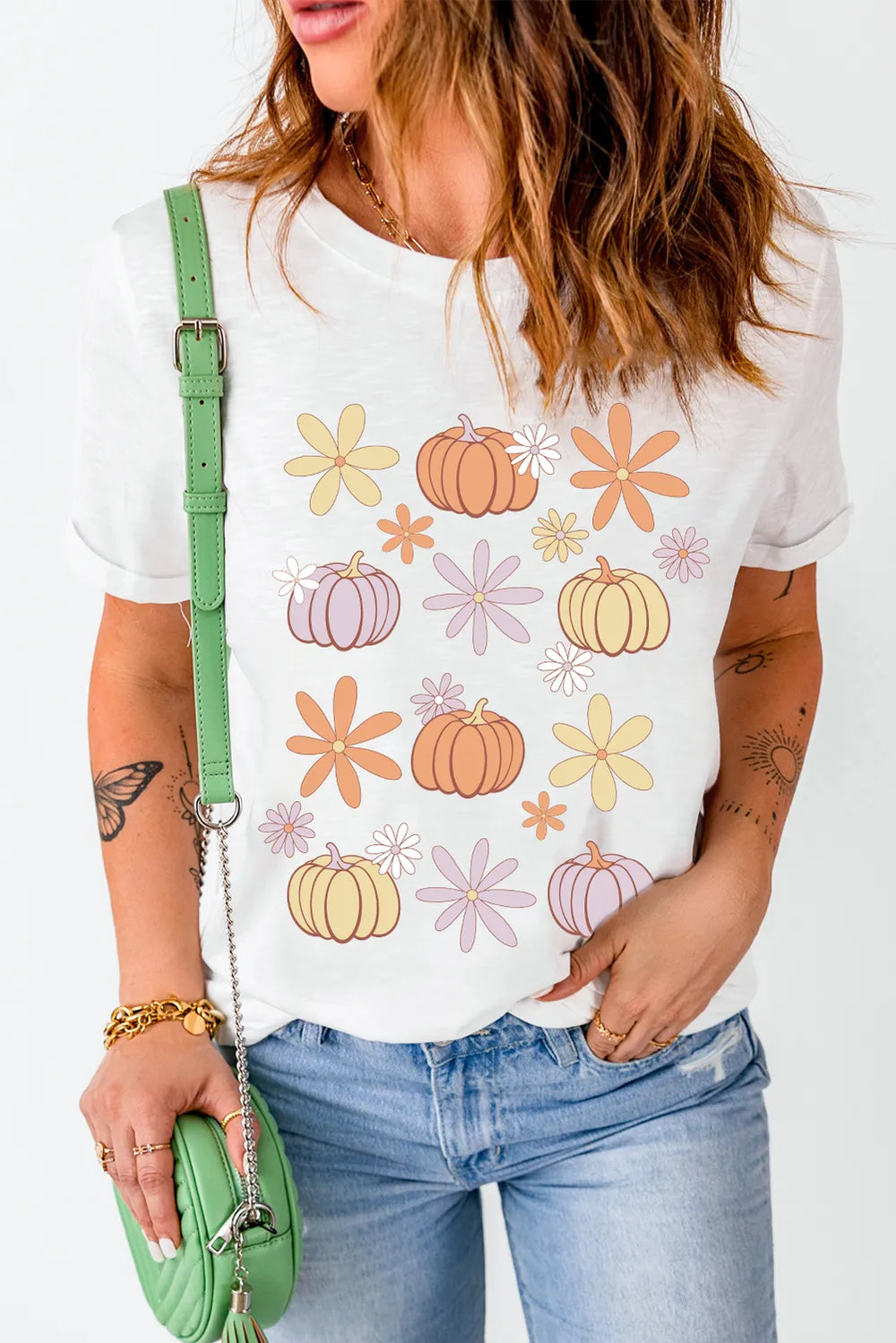 SYNZ Pumpkin & Flower Round Neck Short Sleeve T-Shirt
