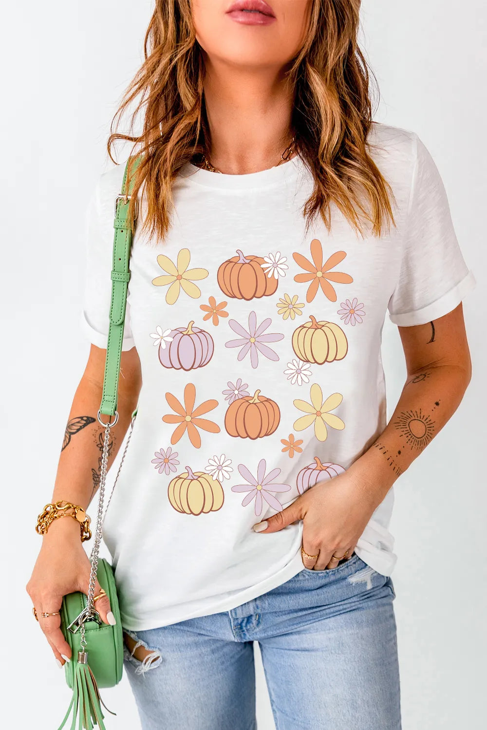 SYNZ Pumpkin & Flower Round Neck Short Sleeve T-Shirt