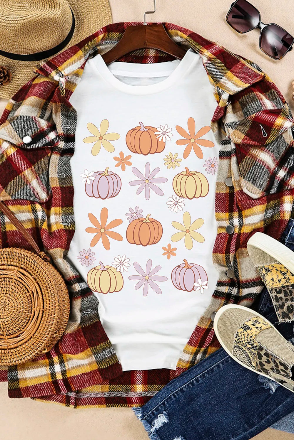 SYNZ Pumpkin & Flower Round Neck Short Sleeve T-Shirt