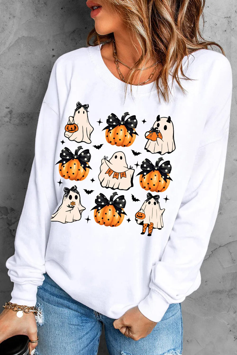 SYNZ Pumpkin & Ghost Round Neck Long Sleeve Sweatshirt