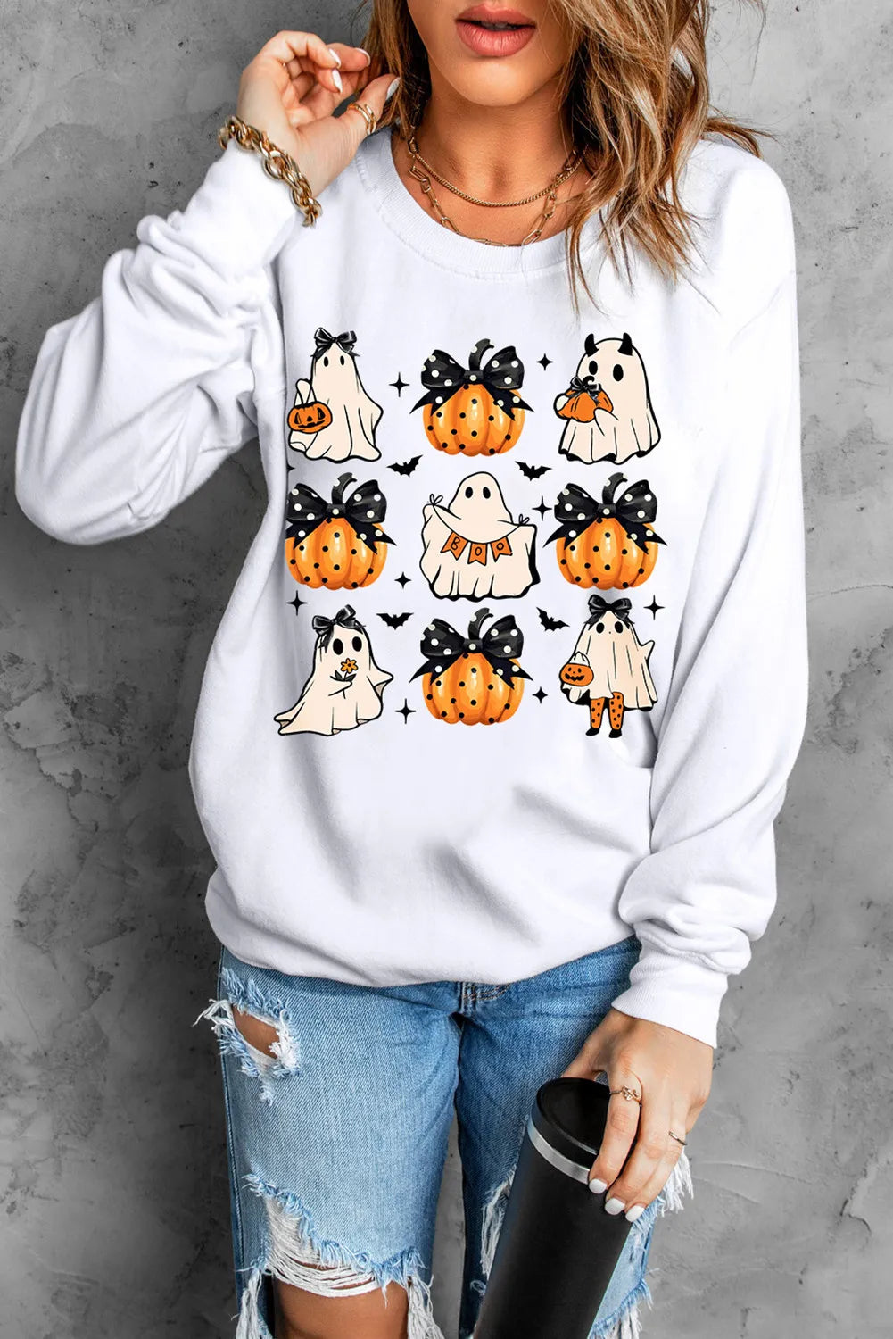 SYNZ Pumpkin & Ghost Round Neck Long Sleeve Sweatshirt
