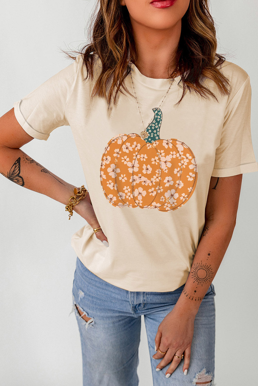 SYNZ Pumpkin Graphic Round Neck Cuffed T-Shirt