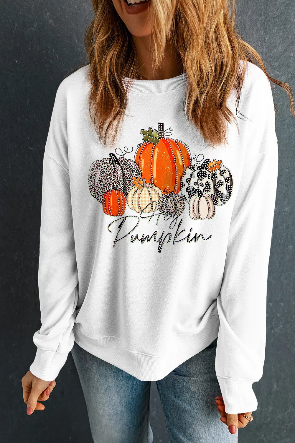 SYNZ Pumpkin Graphic Round Neck Dropped Shoulder Sweatshirt