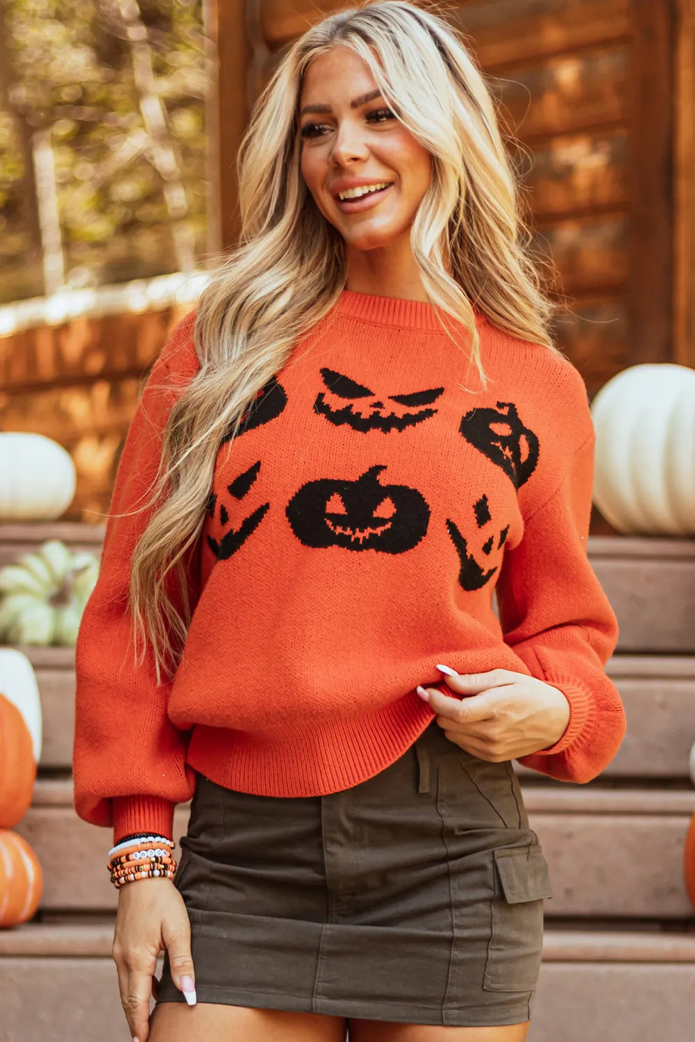 SYNZ Pumpkin Pattern Round Neck Sweater