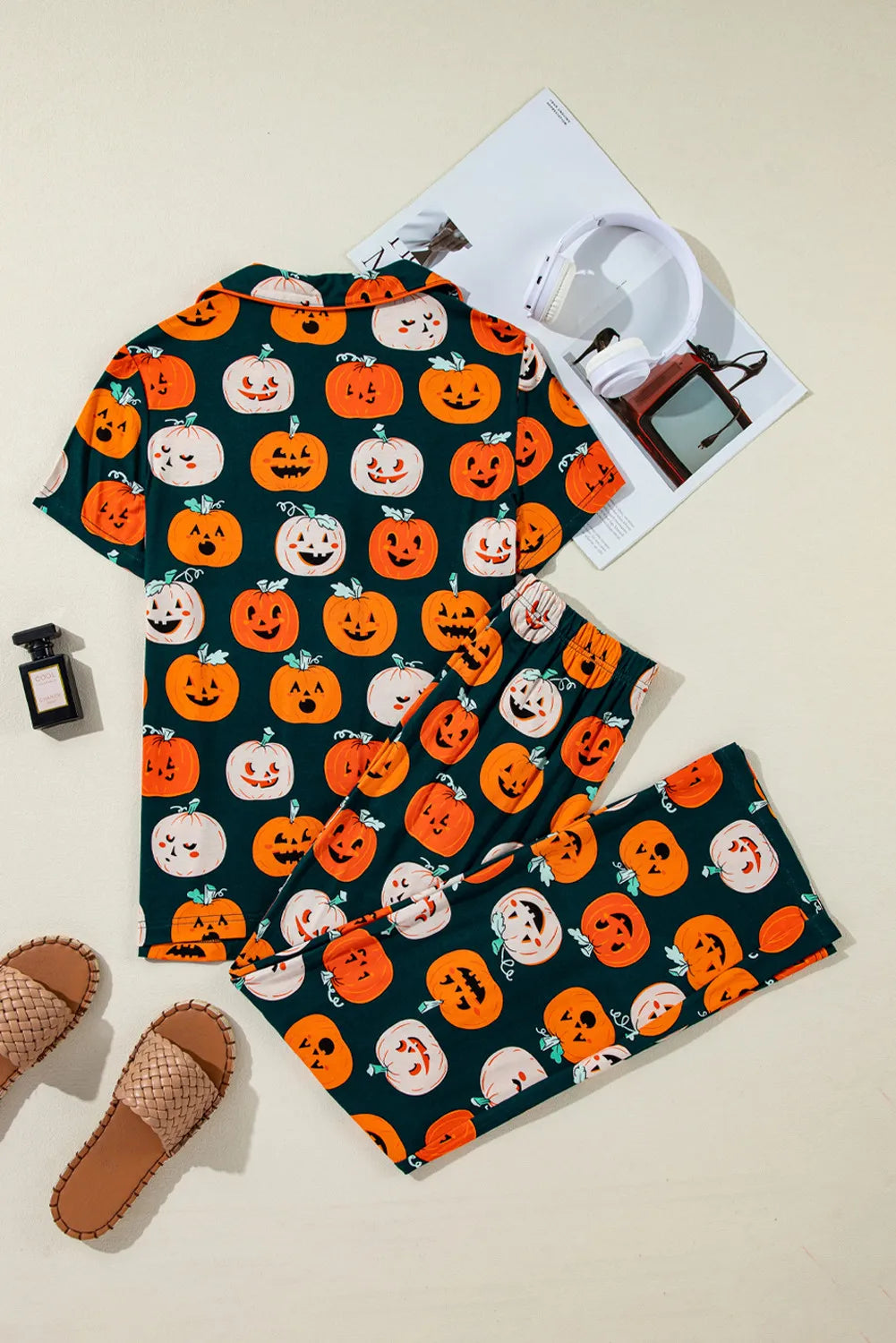 SYNZ Pumpkin Printed Short Sleeve Top and Pants Lounge Set