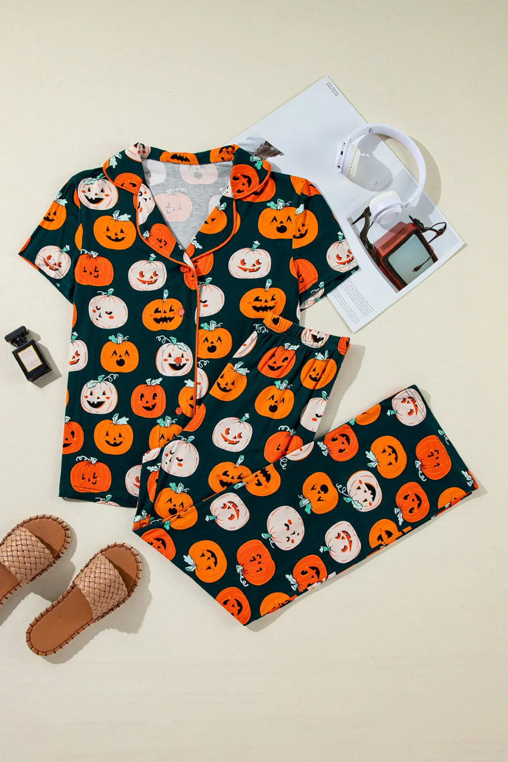 SYNZ Pumpkin Printed Short Sleeve Top and Pants Lounge Set
