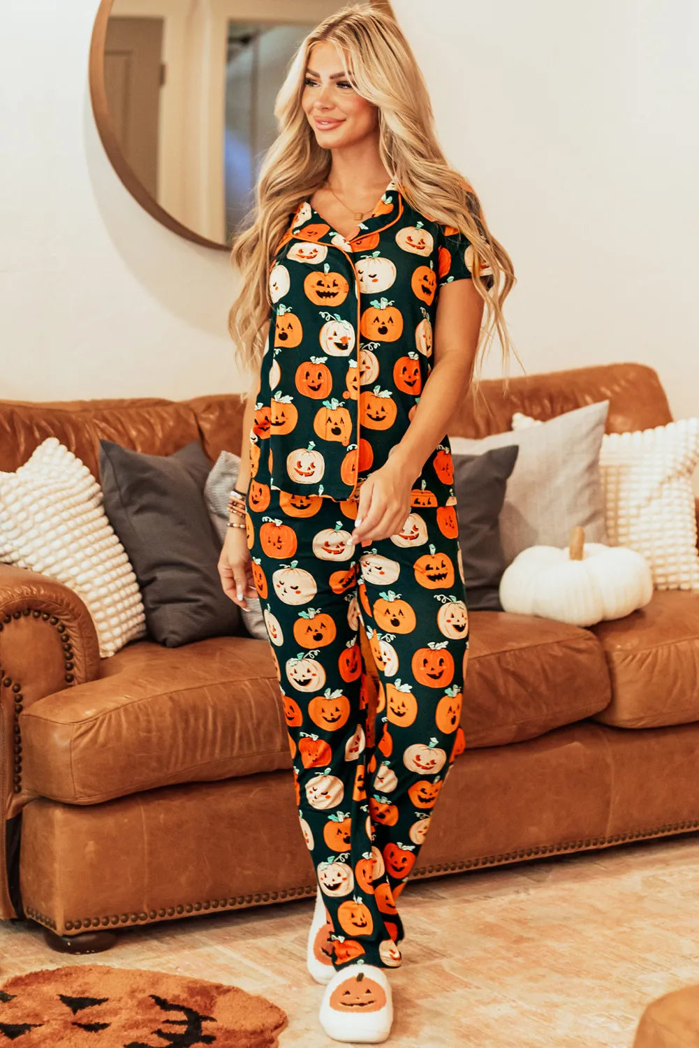 SYNZ Pumpkin Printed Short Sleeve Top and Pants Lounge Set