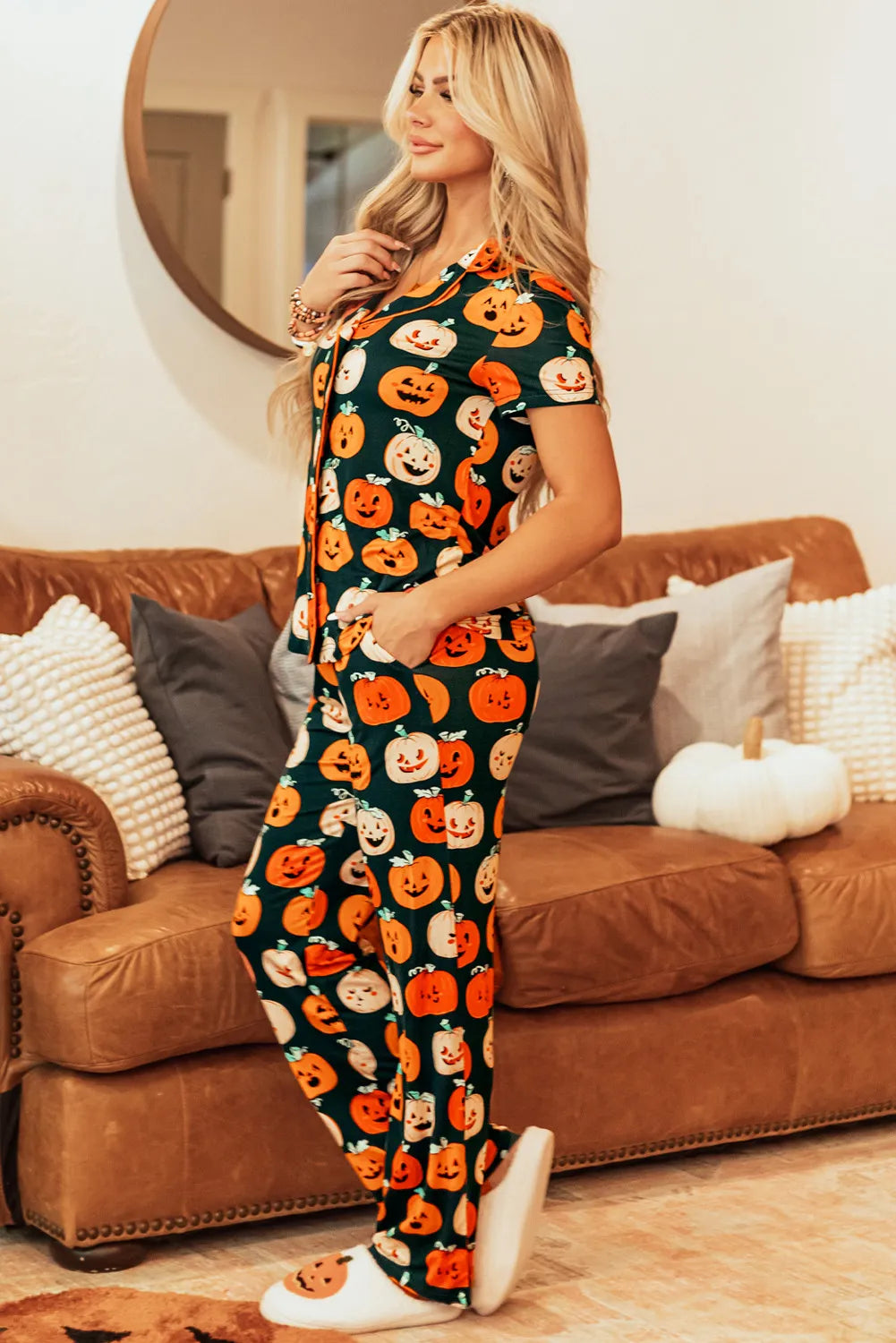 SYNZ Pumpkin Printed Short Sleeve Top and Pants Lounge Set