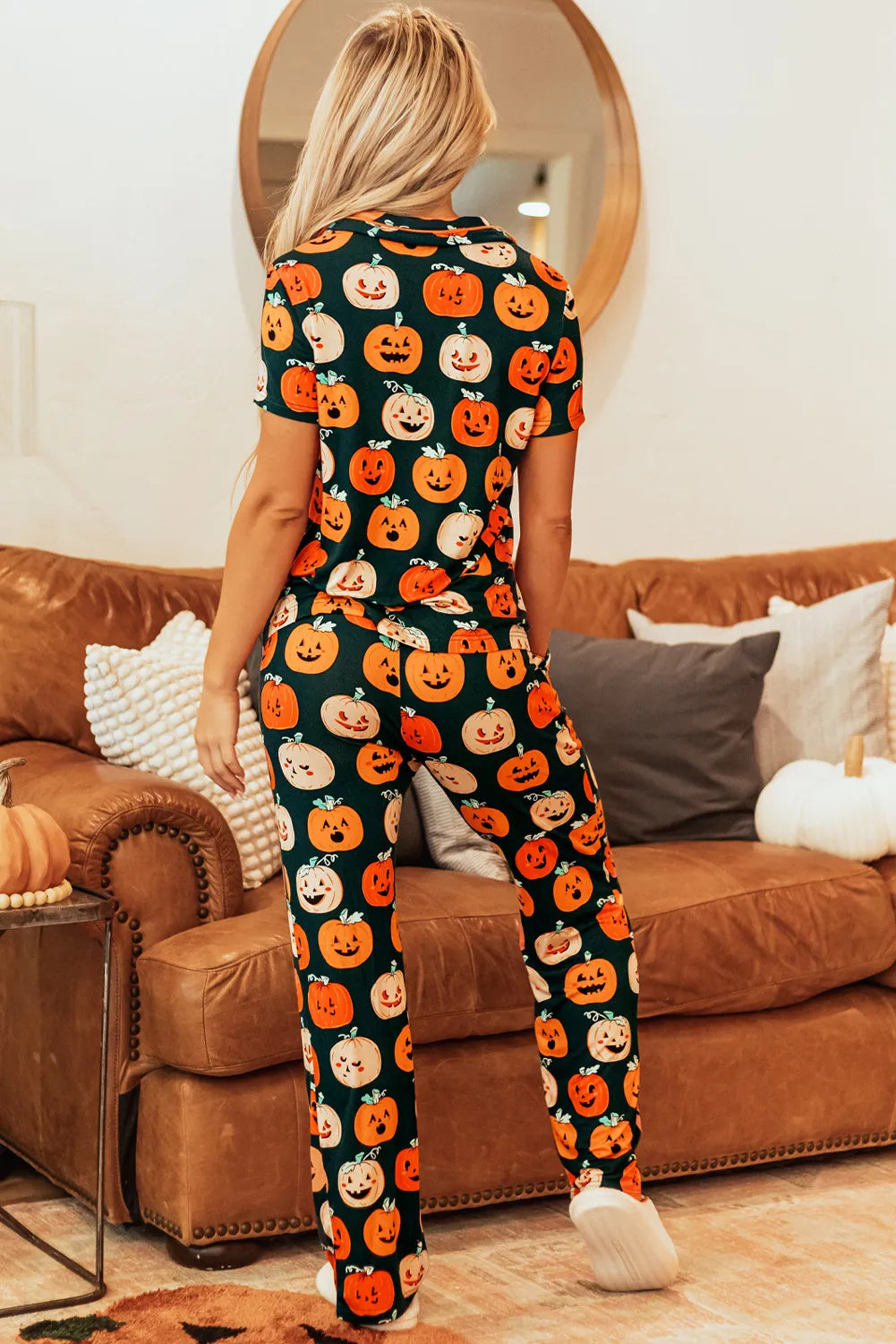 SYNZ Pumpkin Printed Short Sleeve Top and Pants Lounge Set