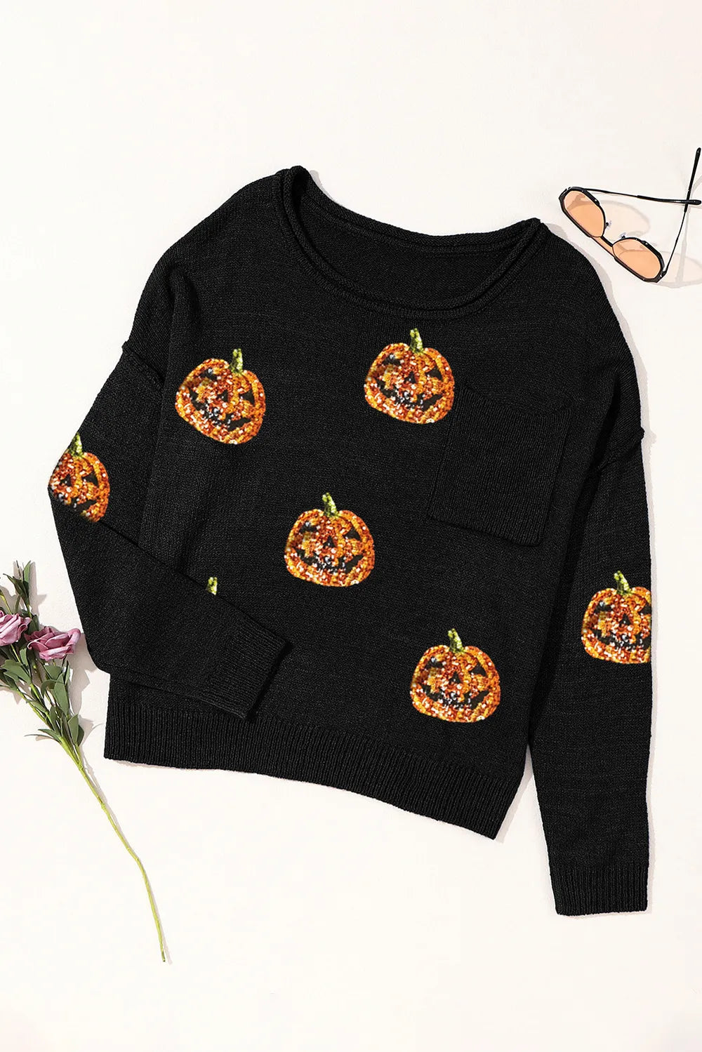 SYNZ Pumpkin Round Neck Long Sleeve Knit Top