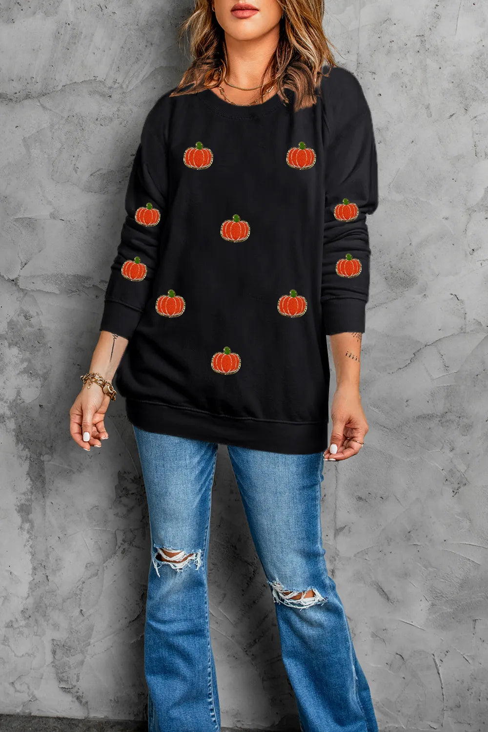 SYNZ Pumpkin Round Neck Long Sleeve Sweatshirt