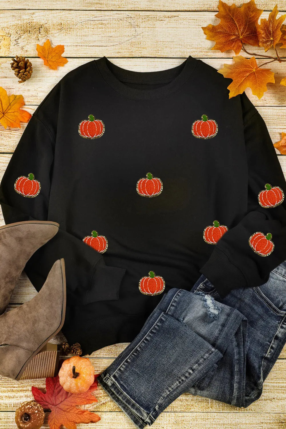 SYNZ Pumpkin Round Neck Long Sleeve Sweatshirt