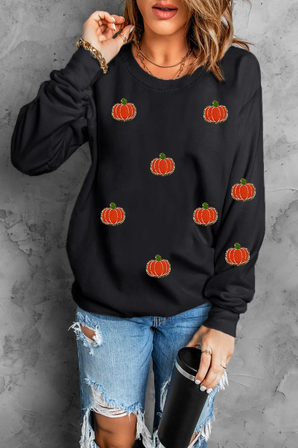 SYNZ Pumpkin Round Neck Long Sleeve Sweatshirt