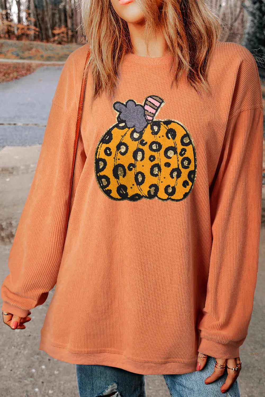 SYNZ Pumpkin Round Neck Long Sleeve Sweatshirt