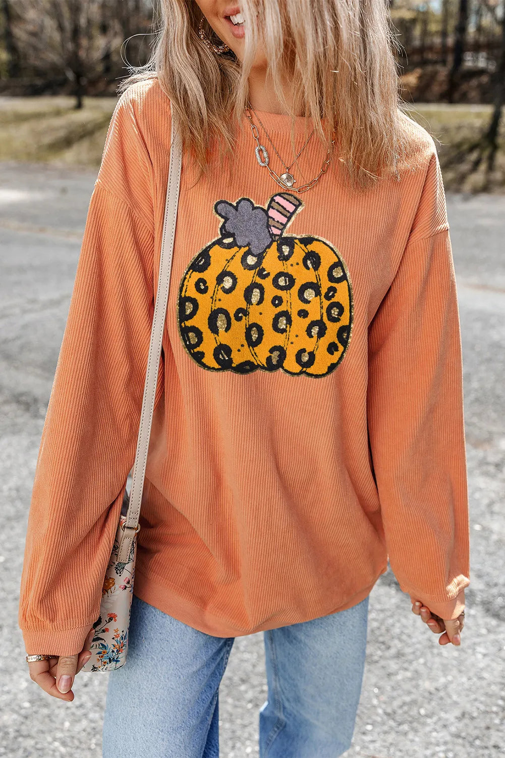 SYNZ Pumpkin Round Neck Long Sleeve Sweatshirt