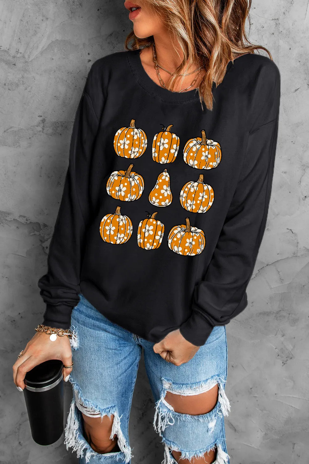 SYNZ Pumpkin Round Neck Long Sleeve Sweatshirt