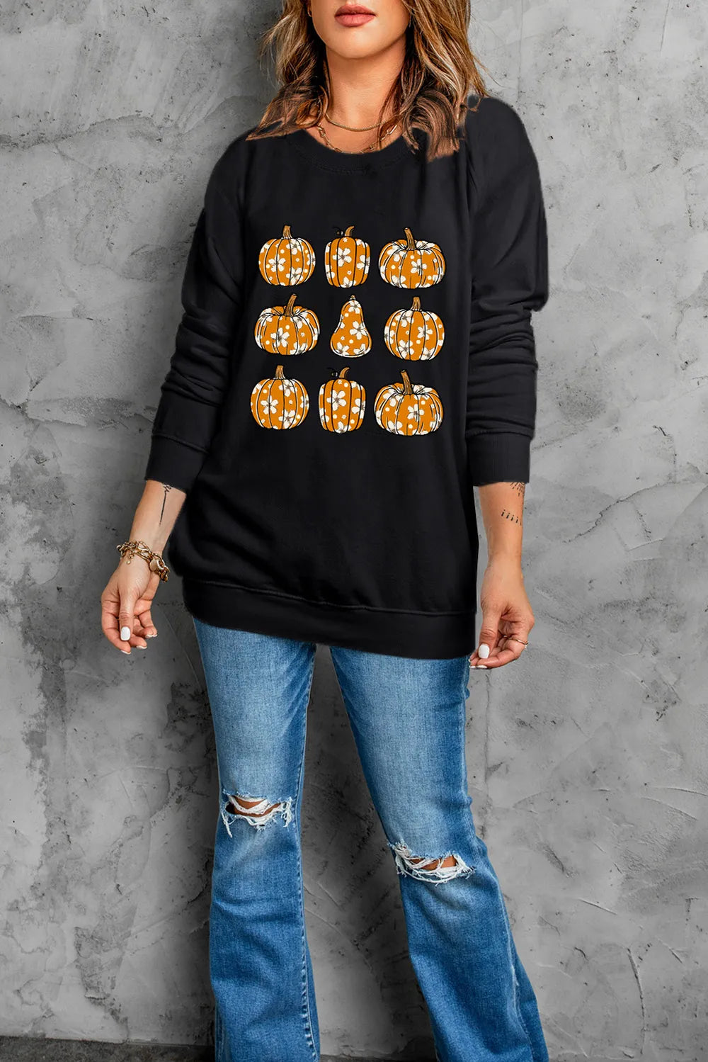 SYNZ Pumpkin Round Neck Long Sleeve Sweatshirt