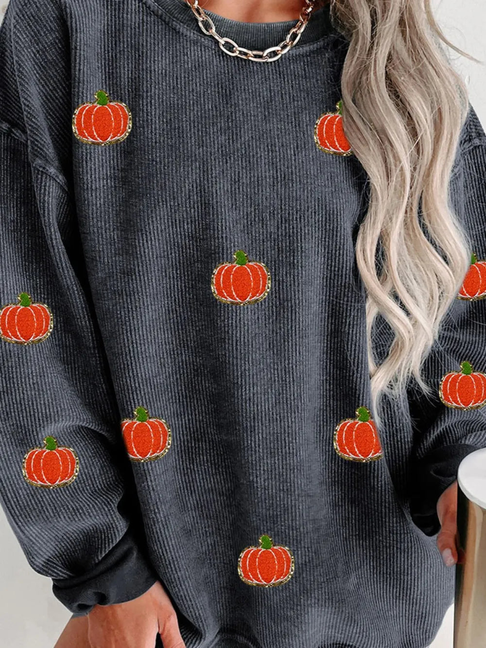 SYNZ Pumpkin Round Neck Long Sleeve Sweatshirt