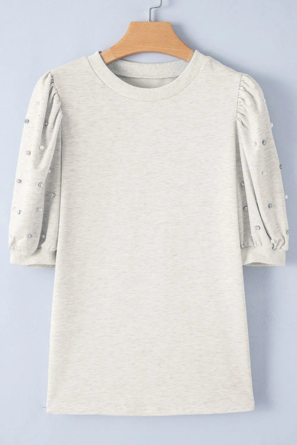 SYNZ Rhinestone Pearl Detail Round Neck Puff Sleeve Top