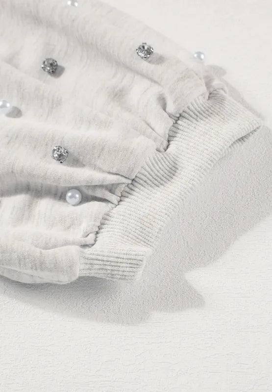 SYNZ Rhinestone Pearl Detail Round Neck Puff Sleeve Top