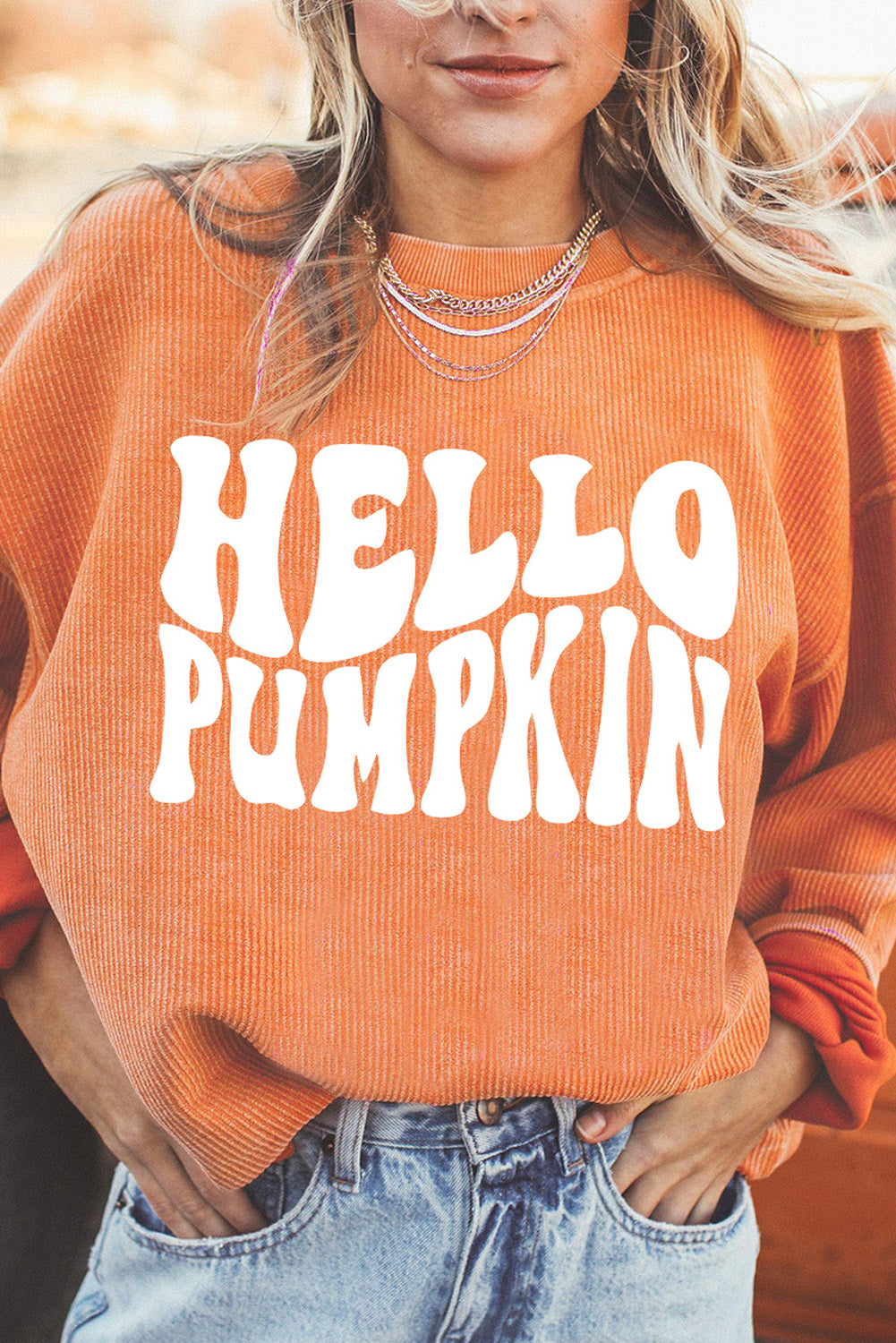 SYNZ Round Neck Dropped Shoulder HELLO PUMPKIN Graphic Sweatshirt