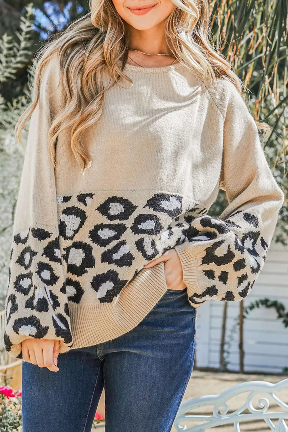SYNZ Round Neck Leopard Print Stitched Long-Sleeved Sweater