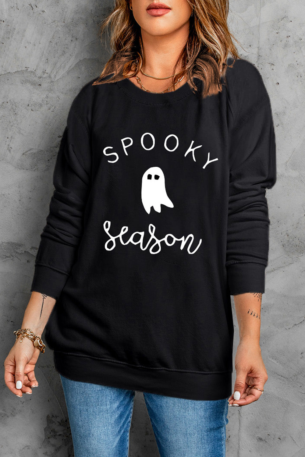 SYNZ Round Neck Long Sleeve SPOOKY SEASON Graphic Sweatshirt