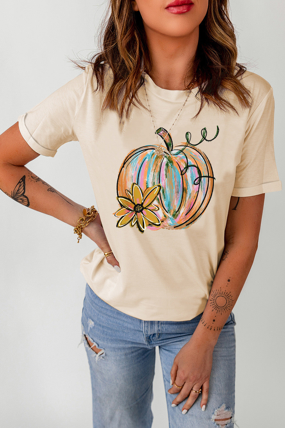 SYNZ Sand / S Pumpkin Graphic Round Neck T-Shirt