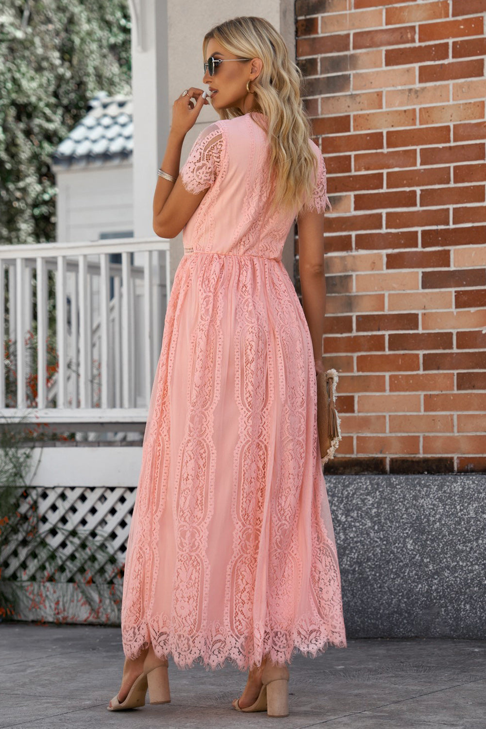 SYNZ Scalloped Trim Lace Plunge Maxi Dress