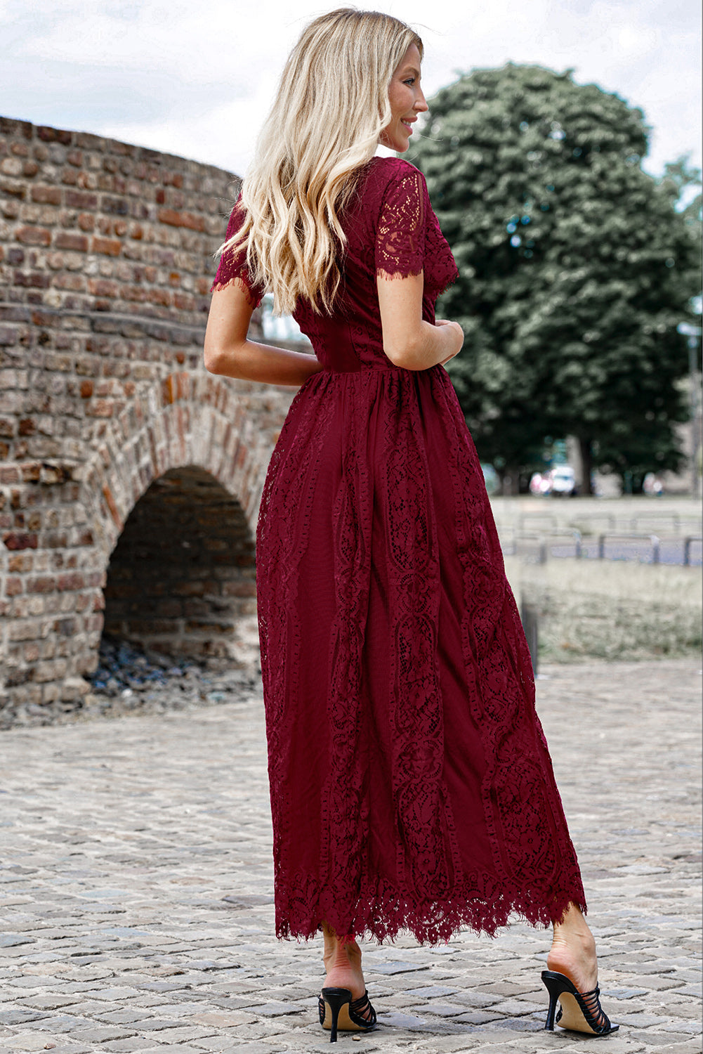 SYNZ Scalloped Trim Lace Plunge Maxi Dress