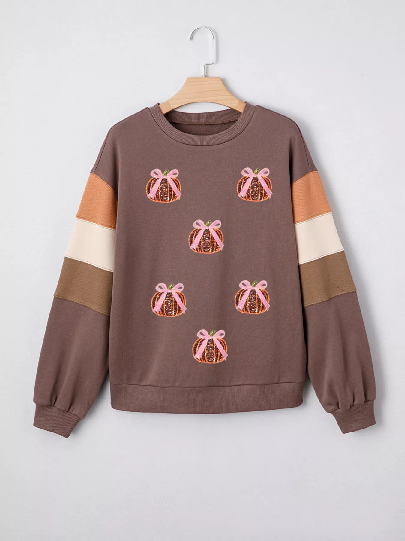 SYNZ Sequin Bow Pumpkin Round Neck Sweatshirt