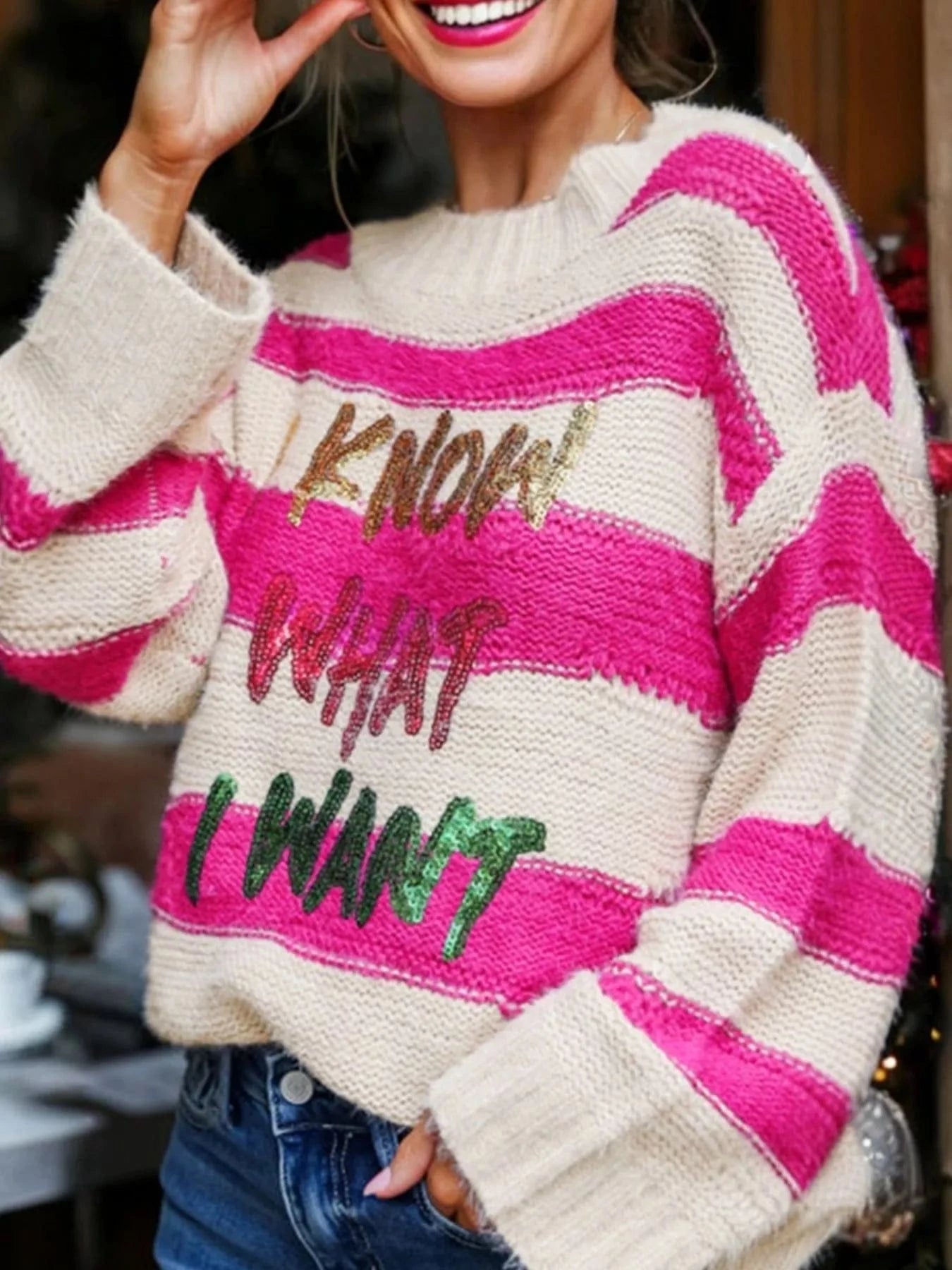 SYNZ Sequin Letter Graphic Colorblock Loose Sweater