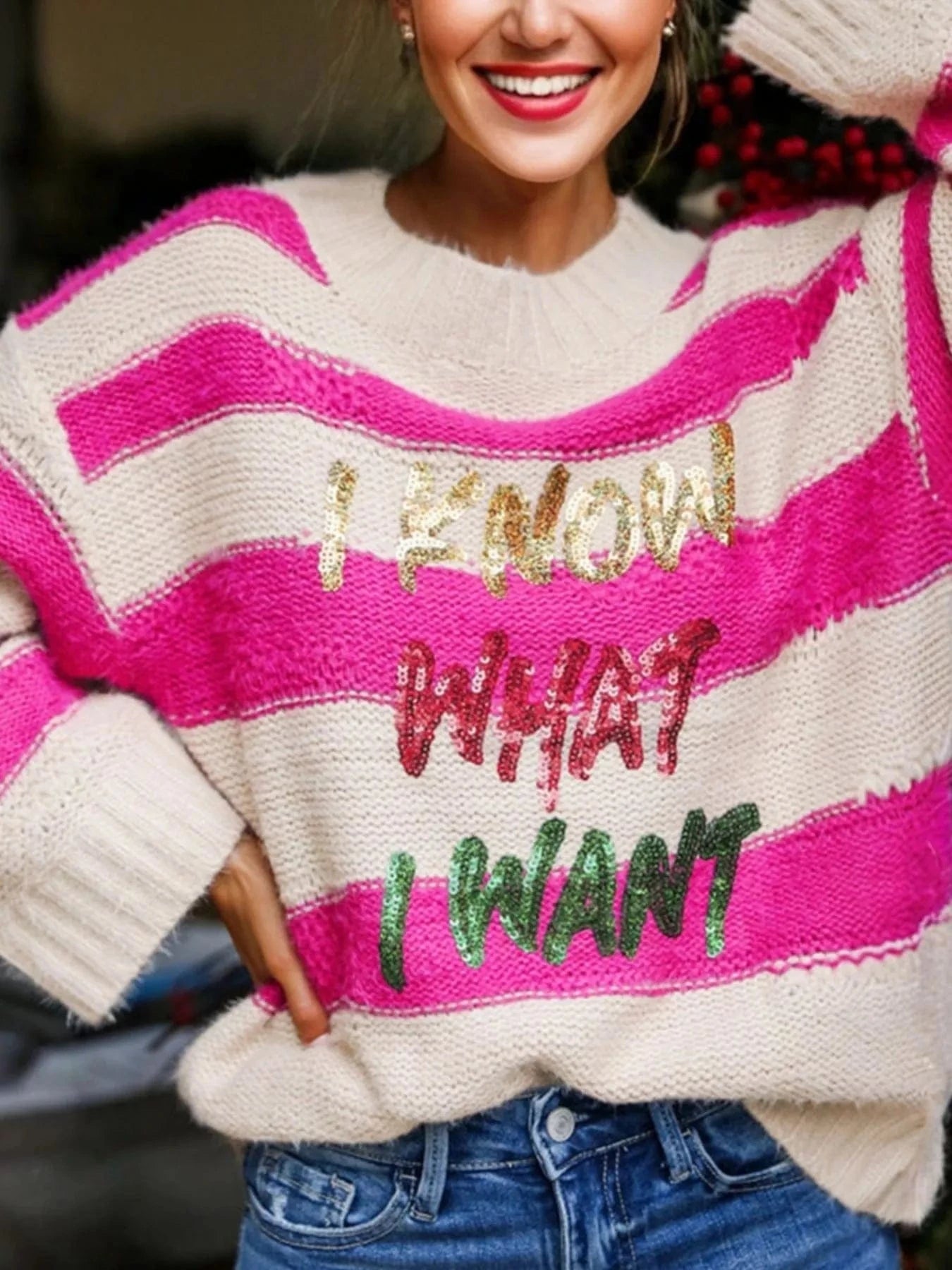 SYNZ Sequin Letter Graphic Colorblock Loose Sweater