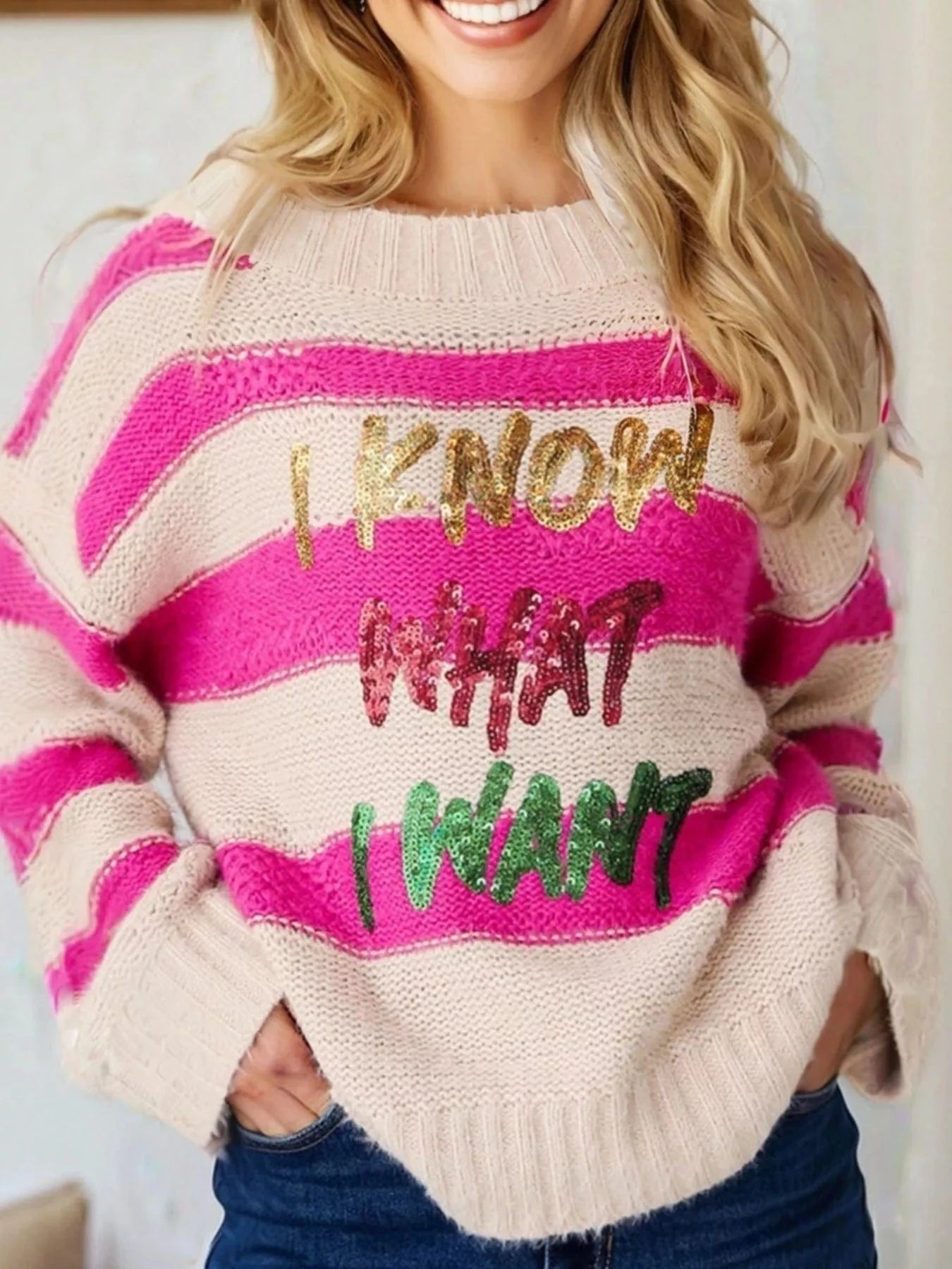 SYNZ Sequin Letter Graphic Colorblock Loose Sweater