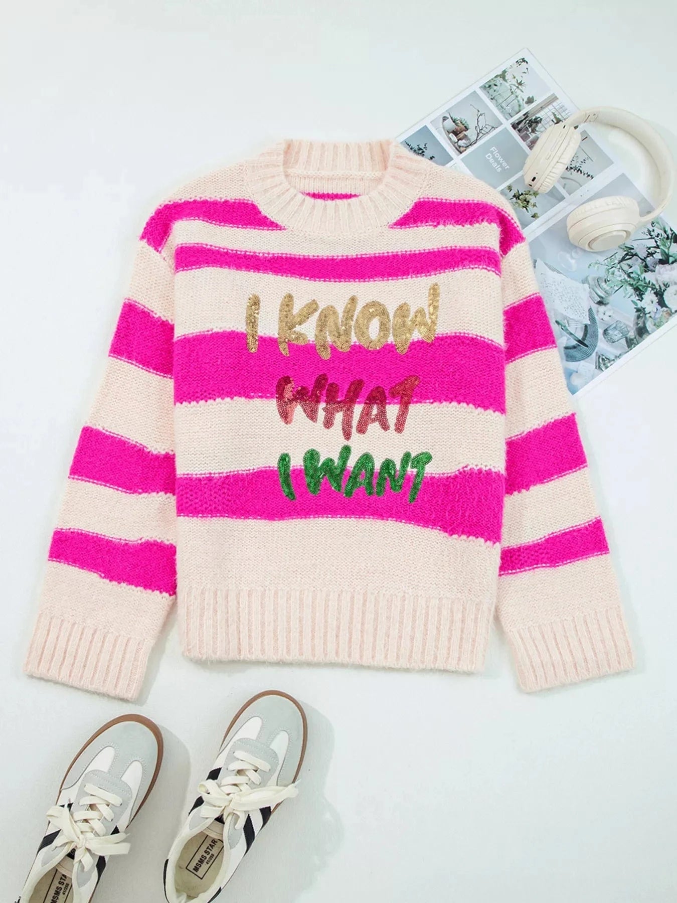 SYNZ Sequin Letter Graphic Colorblock Loose Sweater
