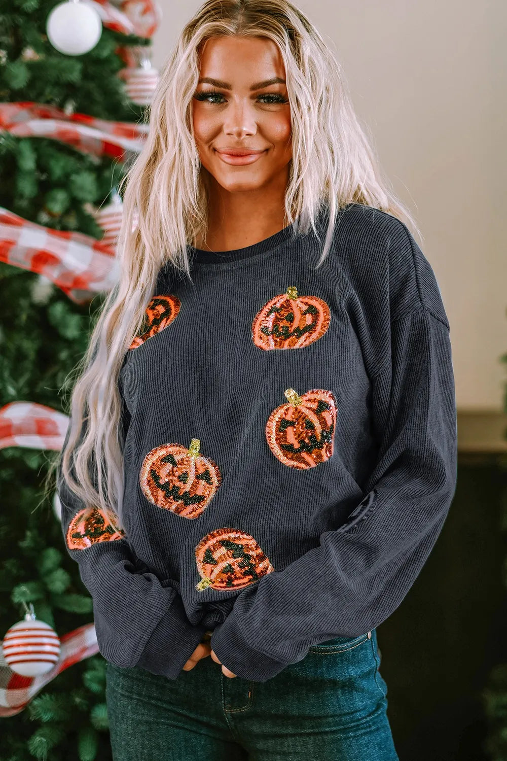 SYNZ Sequin Patch Pumpkin Round Neck Sweatshirt