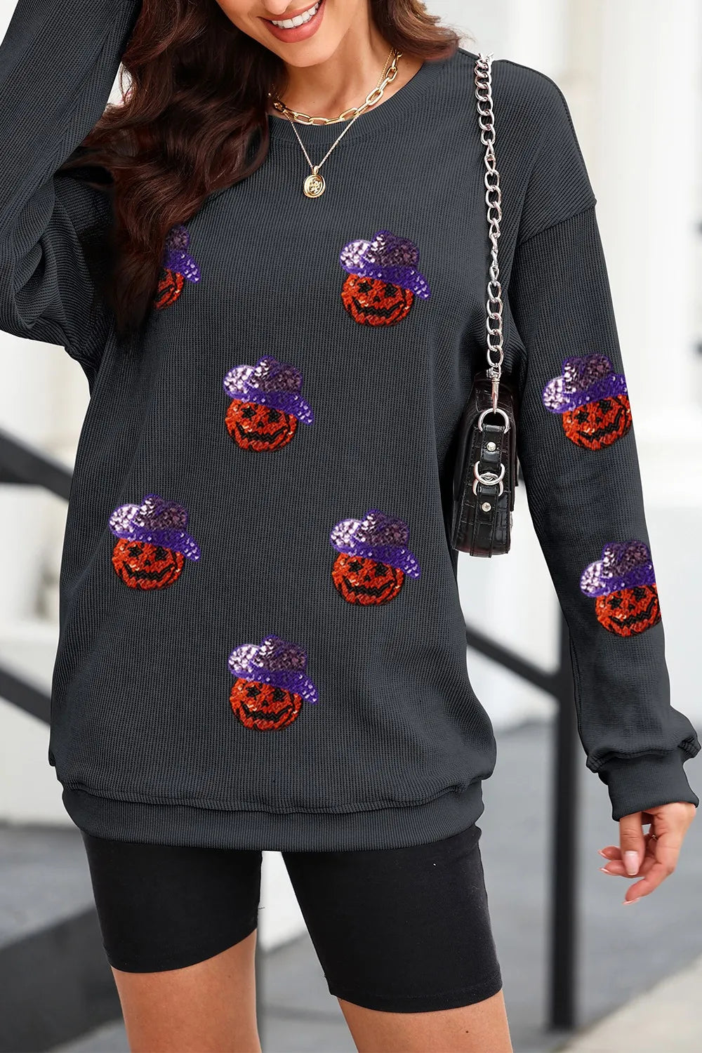 SYNZ Sequin Pumpkin Long Sleeve Sweatshirt