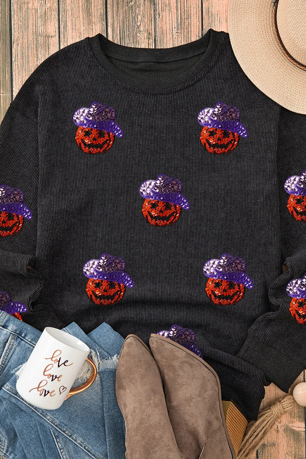 SYNZ Sequin Pumpkin Long Sleeve Sweatshirt