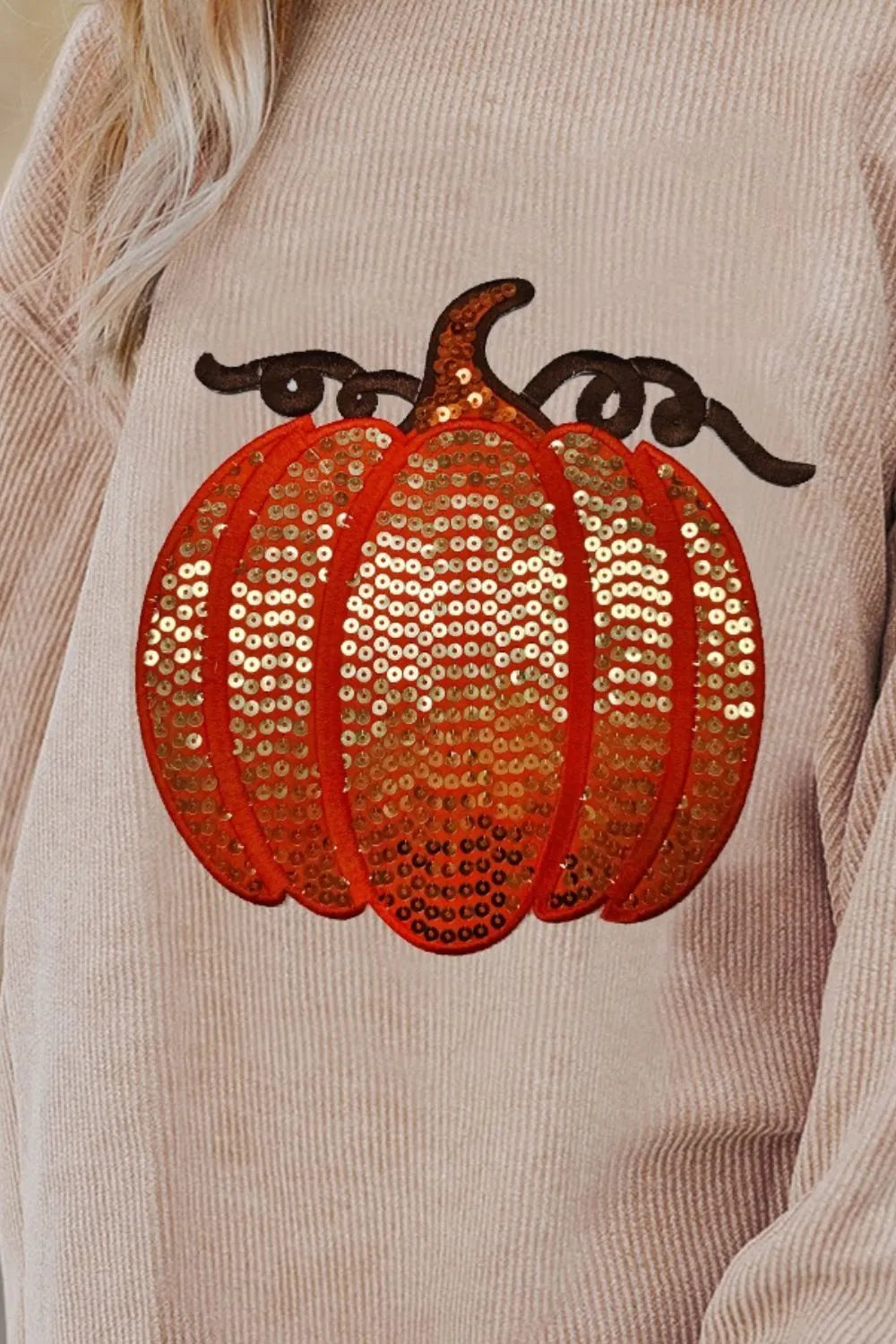 SYNZ Sequin Pumpkin Round Neck Long Sleeve Sweatshirt