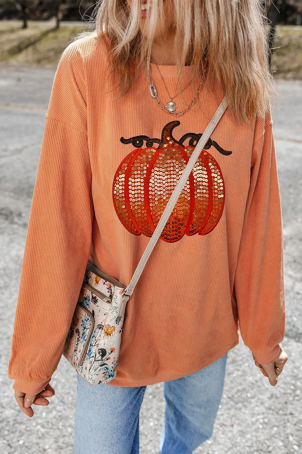 SYNZ Sequin Pumpkin Round Neck Long Sleeve Sweatshirt