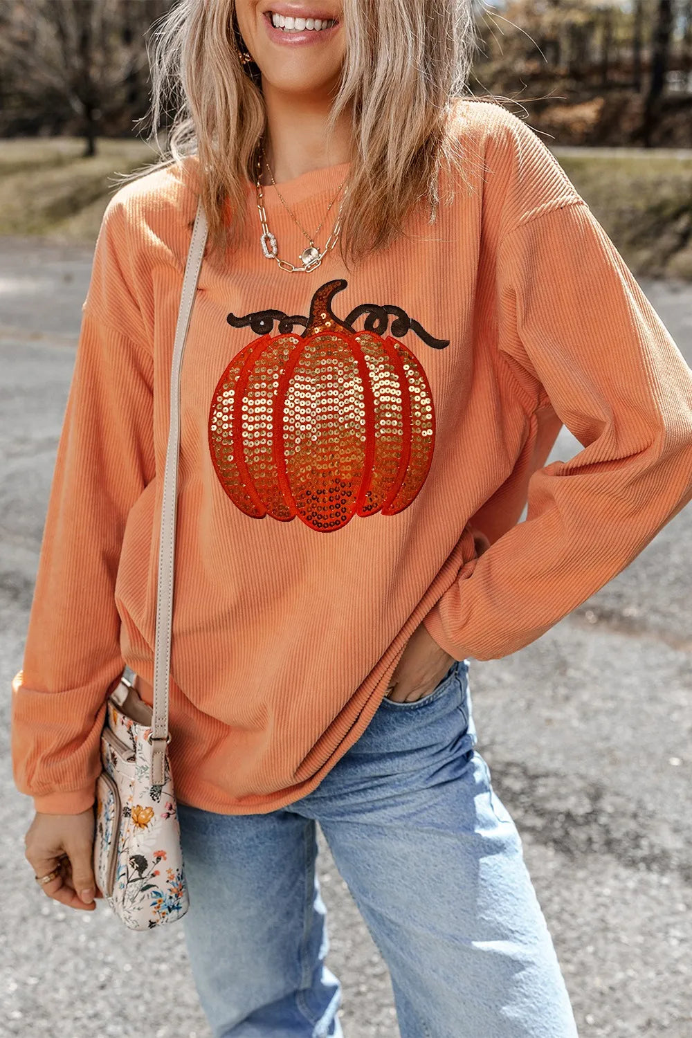 SYNZ Sequin Pumpkin Round Neck Long Sleeve Sweatshirt