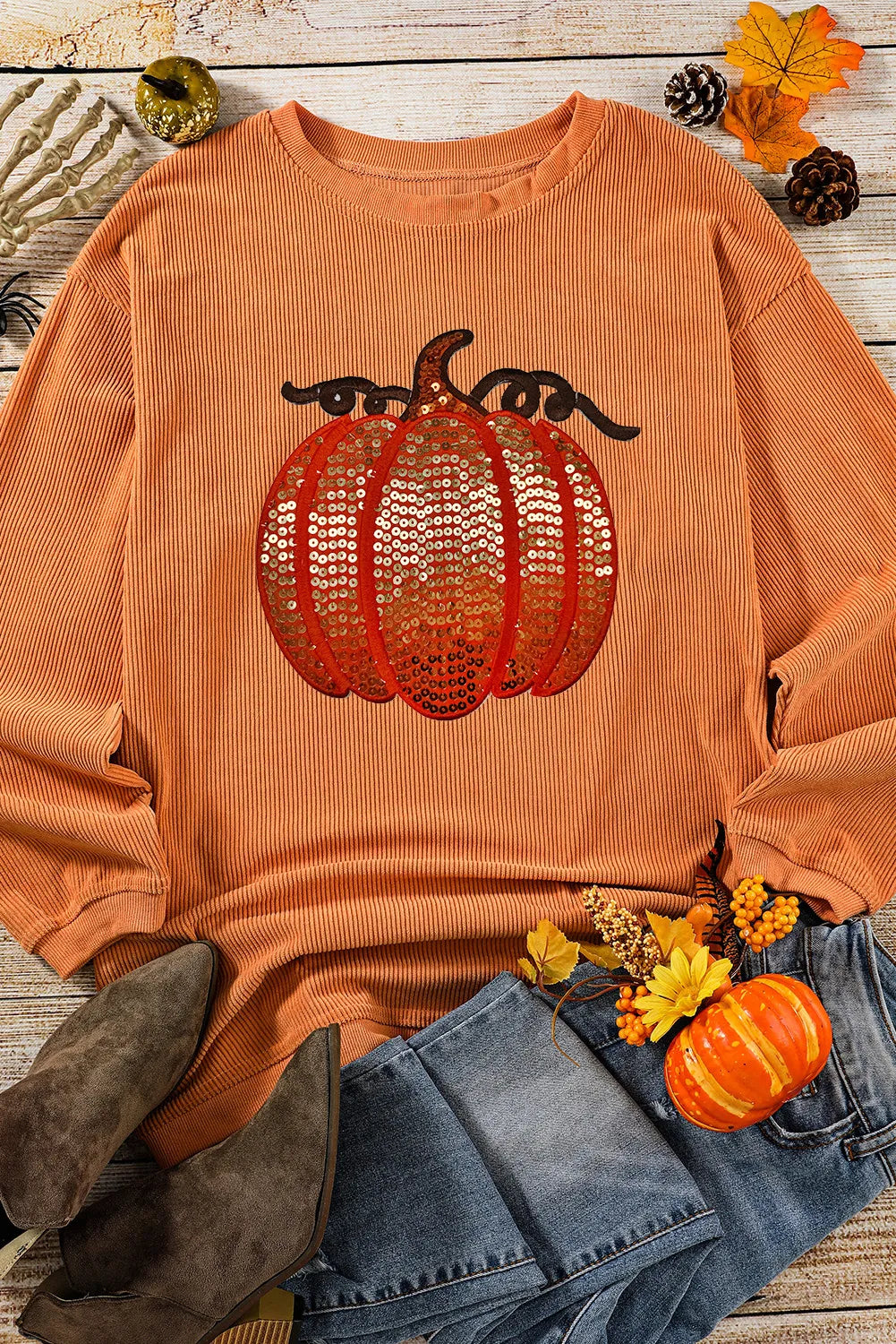 SYNZ Sequin Pumpkin Round Neck Long Sleeve Sweatshirt