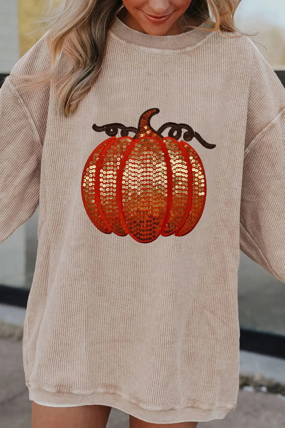 SYNZ Sequin Pumpkin Round Neck Long Sleeve Sweatshirt