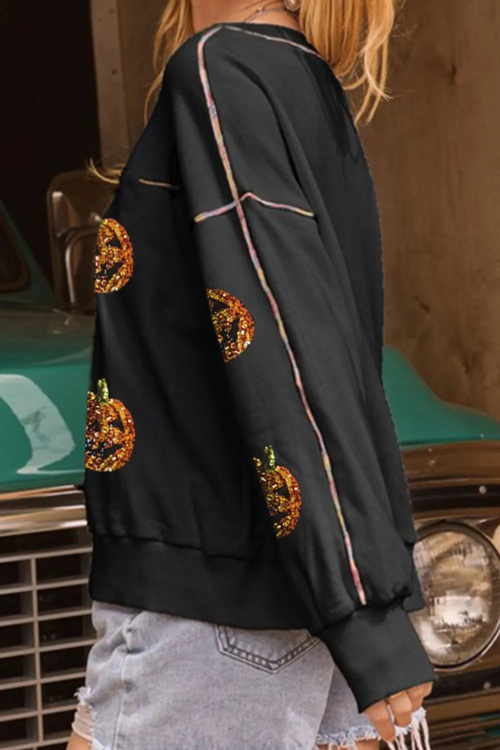 SYNZ Sequin Pumpkin Round Neck Long Sleeve Sweatshirt