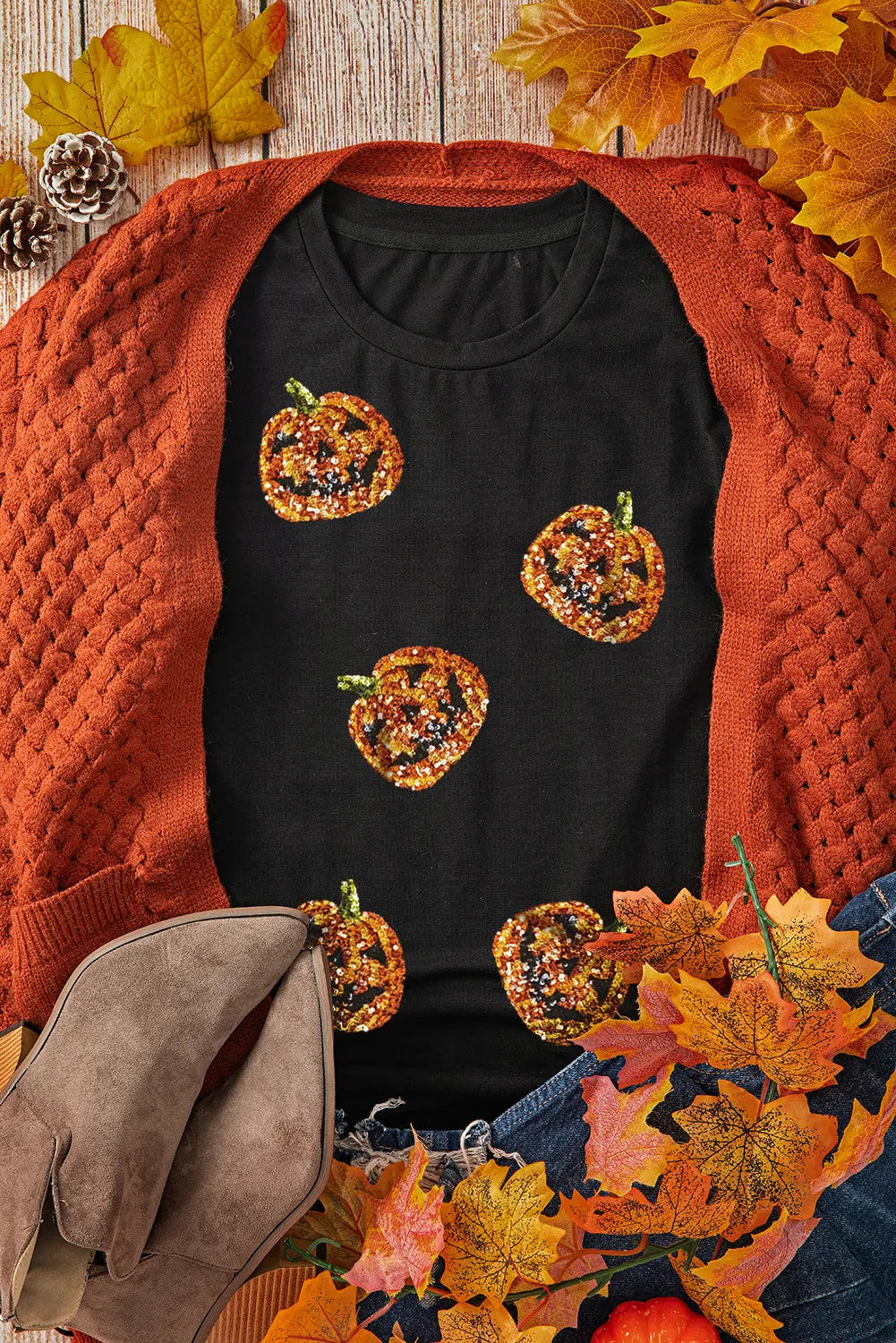 SYNZ Sequin Pumpkin Round Neck Short Sleeve T-Shirt