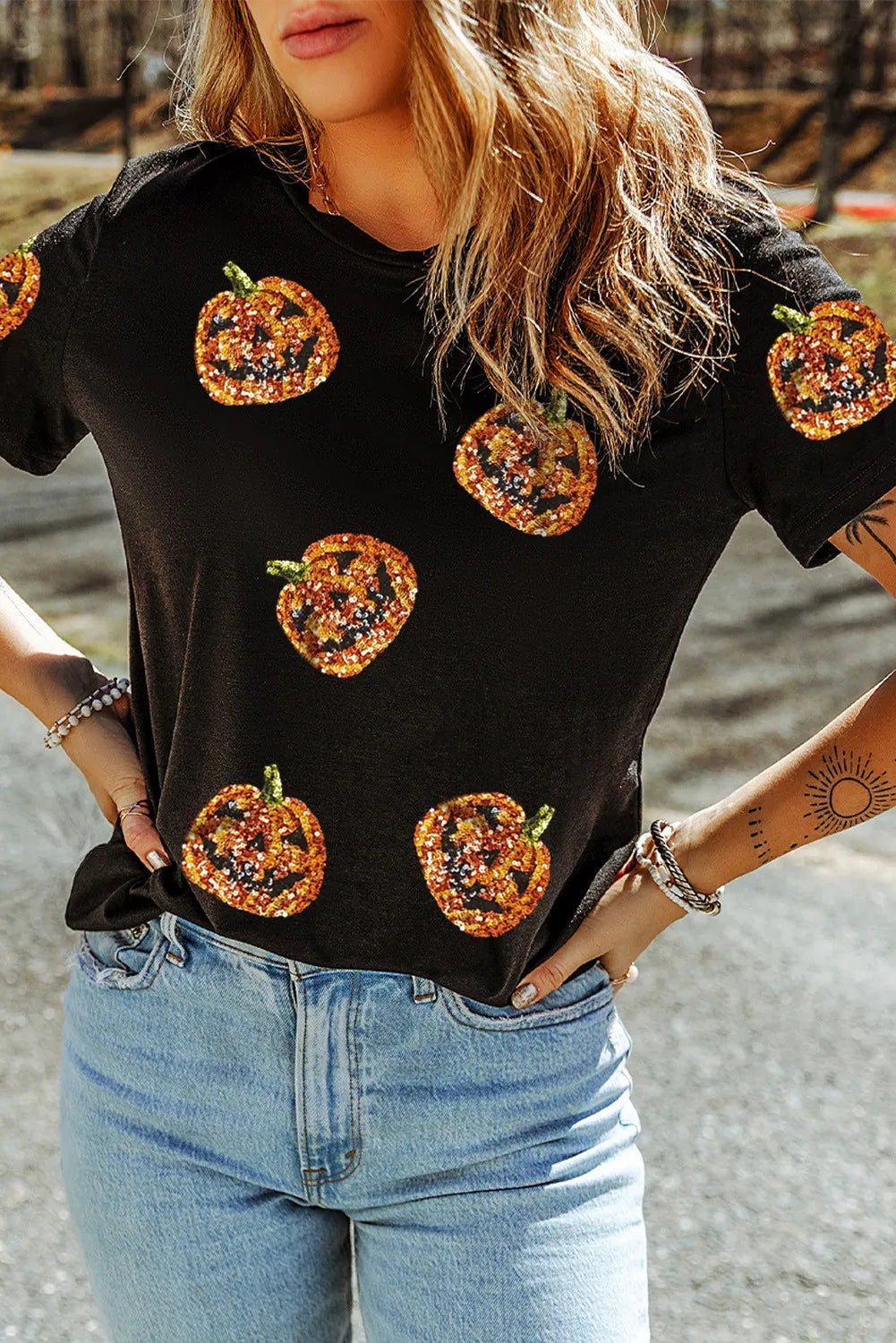 SYNZ Sequin Pumpkin Round Neck Short Sleeve T-Shirt