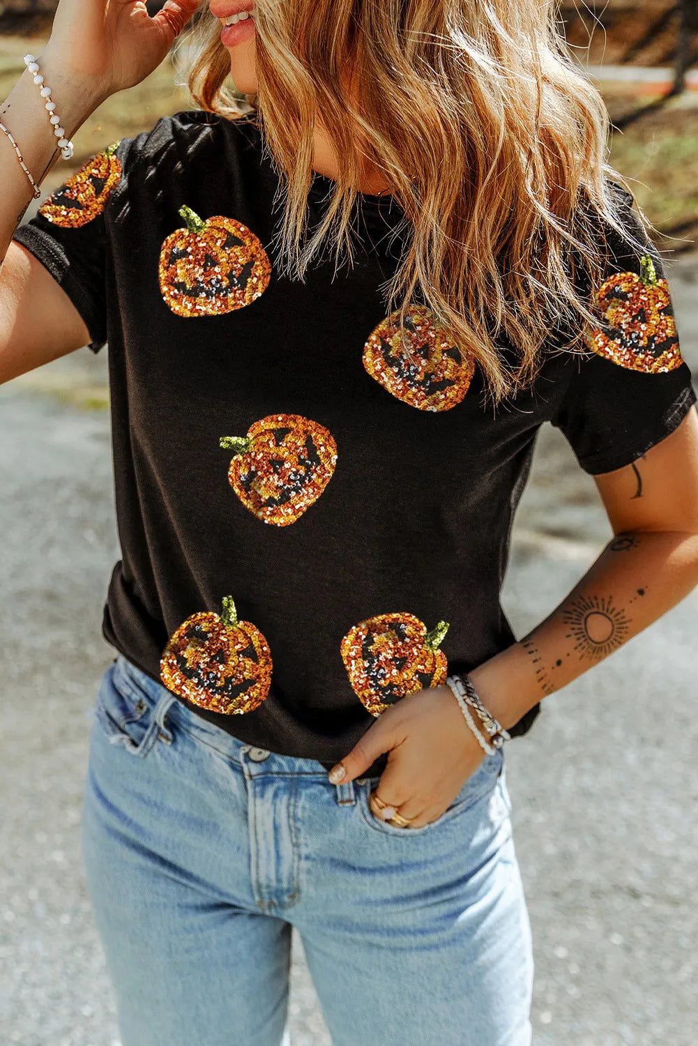 SYNZ Sequin Pumpkin Round Neck Short Sleeve T-Shirt